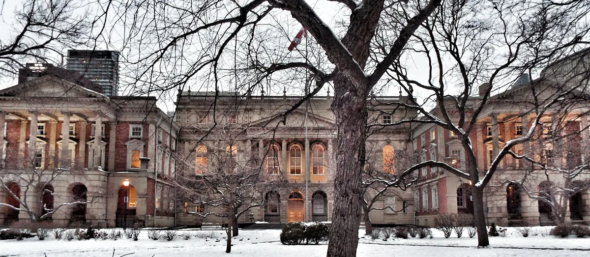Historic Toronto courthouse exterior in winter, York Region criminal court Ontario